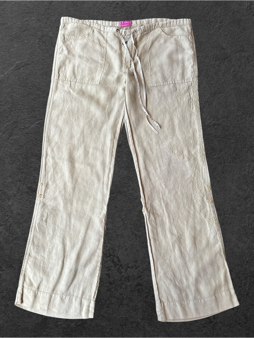 VTG BCBGirls 100% Linen Embroidered Wide Leg Utility Pants Size 8 Y2K Boho Cream